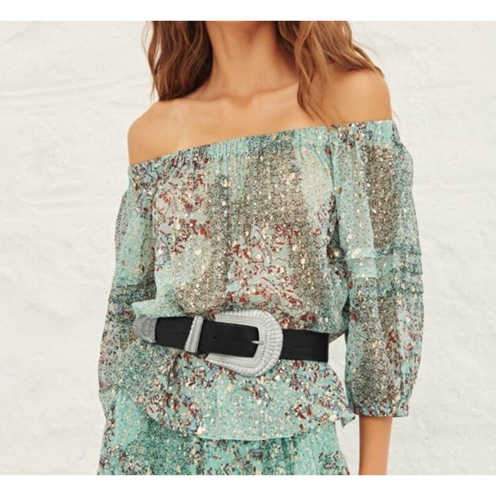 Ba&sh Paris Olga Off The Shoulder Chiffon Blouse Sheer Floral Green Top US 6